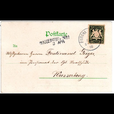 Bayern 1900, L2-Aushilfstpl. WASSERBURG als Ank.Stpl. auf Karte v. Burghausen