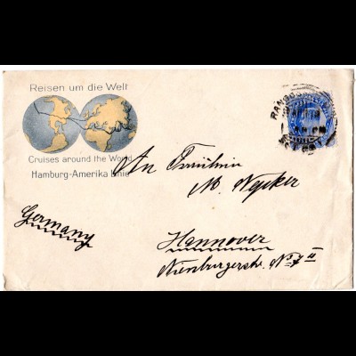 Indien 1912, 2 1/2 As. auf Hamburg-Amerika Linie Umschlag v. Rangoon Burma