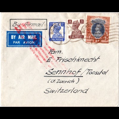 Indien 1945, 3 Marken auf Brief m. rotem Luftpost Annullierungsstpl. i.d. CH