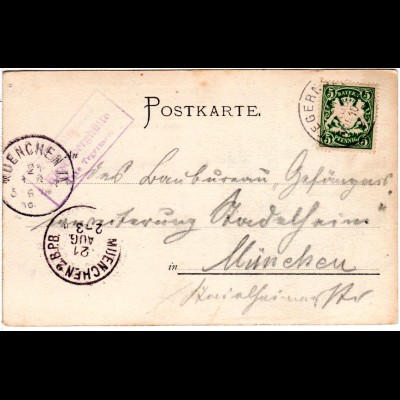 Bayern 1899, Posthilfstelle HIRSCHBERGHÜTTE Taxe Tegernsee auf Karte m. 5 Pf.