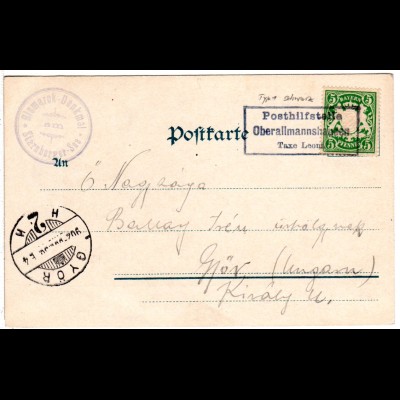 Bayern 1902, Posthilfstelle OBERALLMANNSHAUSEN Taxe Leoni auf AK m. 5 Pf.