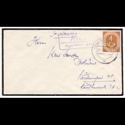 BRD 1954, Landpost Stpl. AICH über Nürtingen auf Trauer Brief m. 4 Pf. Posthorn