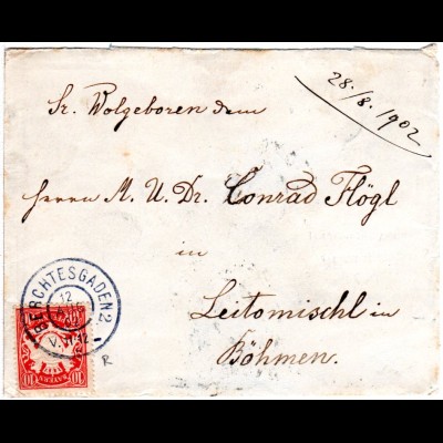 Bayern 1902, Reservestempel BERCHTESGADEN R auf Brief m. 10 Pf. n. Böhmen.