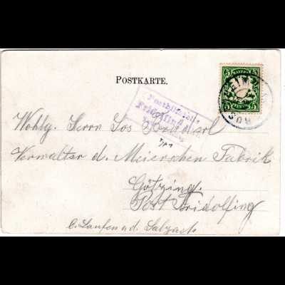 Bayern 1902, Posthilfstelle FRIDOLFING BHF. Taxe Fridolfing auf AK m. 5 Pf.
