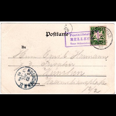 Bayern 1898, R3 Posthilfstelle MELLECK Taxe Schneizlreuth auf sw-AK m. 5 Pf.
