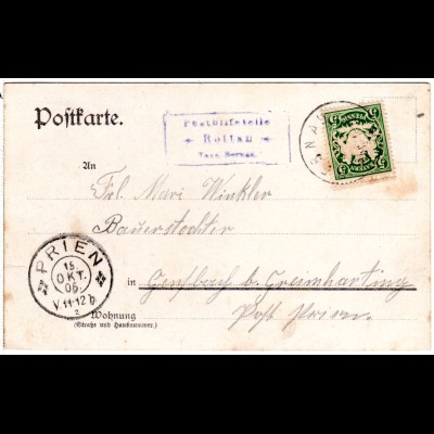 Bayern 1906, R3 Posthilfstelle ROTTAU Taxe Bernau auf Karte m. 5 Pf.