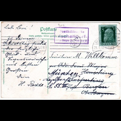 Bayern 1913, R3 Posthilfstelle VACHENDORF Taxe Bergen auf Karte m. 5 Pf.