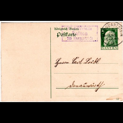 Bayern 1912, Posthilfstelle RAITEN Taxe Marquartstein auf 5 Pf. Ganzsache 