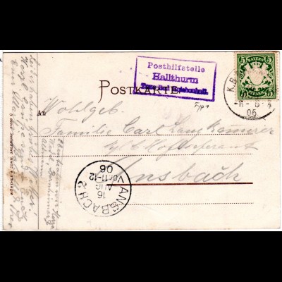 Bayern 1905, Posthilfstelle HALLTHURM Taxe Bad Reichenhall auf sw-AK m. 5 Pf.