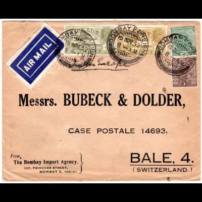 Indien 1932, 4 Marken auf Brief v. Bombay i.d. CH m. gr. blauen AIR MAIL label