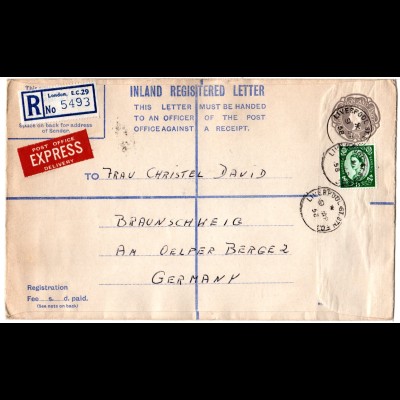 GB 1958, 1/3 Sh.auf 1/3 Sh. Reko Ganzsachenumschlag per Express v. Liverpool