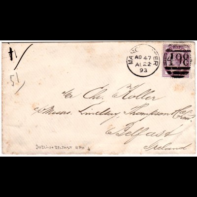 GB 1893, 1d auf Brief v. Manchester m. rs. Irland Bahnpost Stpl. Dublin&Belfast