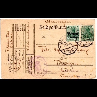 Dt. Besetzung Belgien 1915, Mischfr. m. 5 Pf. DR auf Auslands Karte n. Norwegen