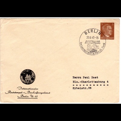 DR 1942, 3 Pf. Privat Ganzsache Brief m. Berlin Sovjet Paradies Sonderstempel