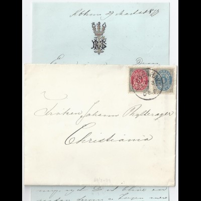 Dänemark 1879, 4+8 öre auf schönem Brief m. Wappen v. Kopenhagen n.Norwegen #341