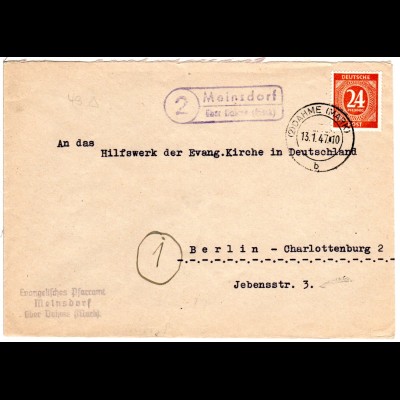 1947, Landpost Stpl. 2 MEINSDORF über Dahme (Mark) auf Pfarramt Brief m. 24 Pf.