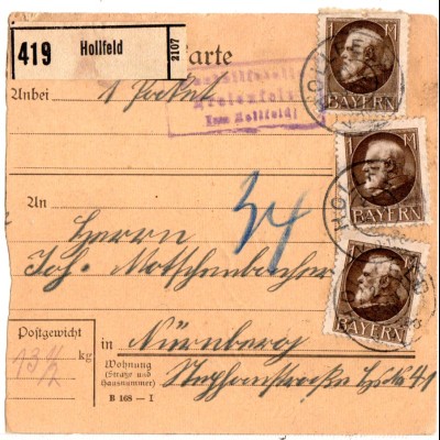 Bayern 1920, Posthilfstelle FREIENFELS Taxe Hollfeld auf Paketkarte m. 3x1 Mk.