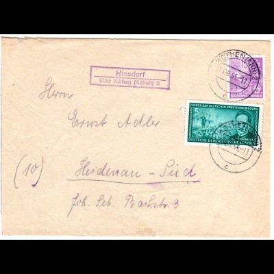 DDR 1955, Landpost Stpl. HINSDORF über Köthen auf Brief m. 5+15 Pf. 