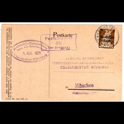 DR 1921, alter Bayern Stpl. Posthilfstelle OB Taxe Bidingen auf Karte m. 40 Pf.