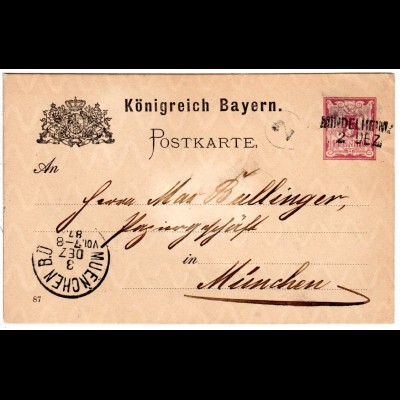 Bayern 1887, L2 Aushilfstpl. MINDELHEIM klar auf 5 Pf. Ganzsache.