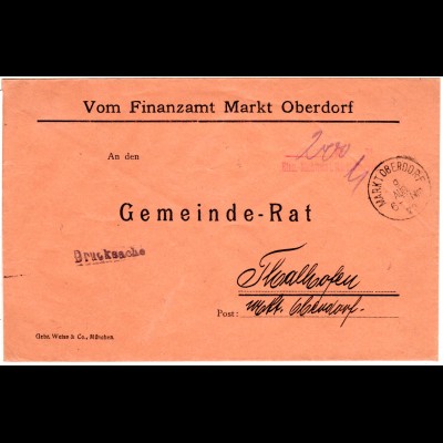 DR 1920, Gebühr bezahlt Stpl. v. MARKT OBERDORF auf Drucksache n. Thalhofen