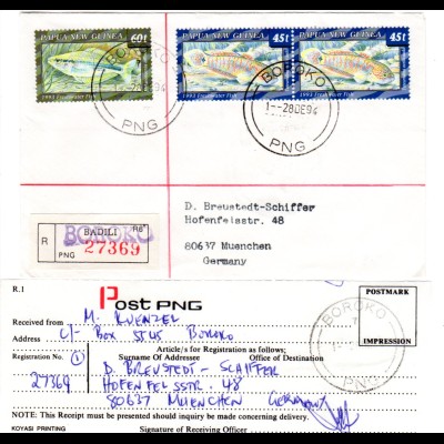 Papua Neu Guinea 1994, 60+2x45 t Fische auf Einschreiben Brief v. Baroko
