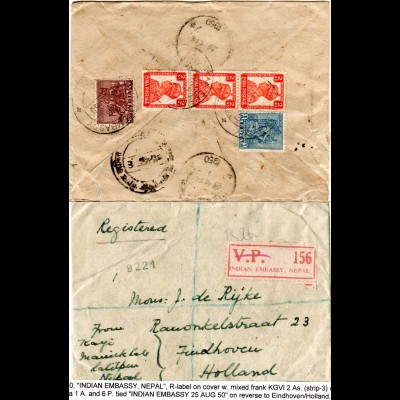 Indien 1950, R-Zettel INDIAN EMBASSY, NEPAL auf Einschreiben Brief m. 5 Marken