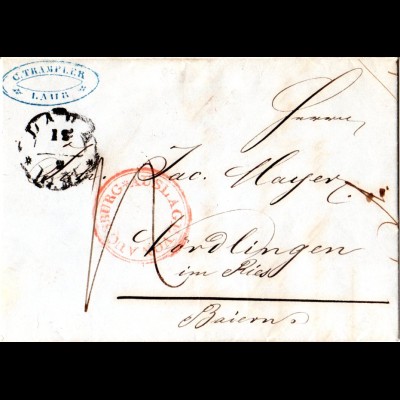 Bayern 1848, roter K2 AUSLAGE VON AUGSBURG auf Porto Brief v. Lahr, Baden