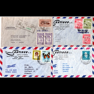 Venezuela 1951/65, 4 Luftpost Briefe n. Europa, dabei ein Einschreiben