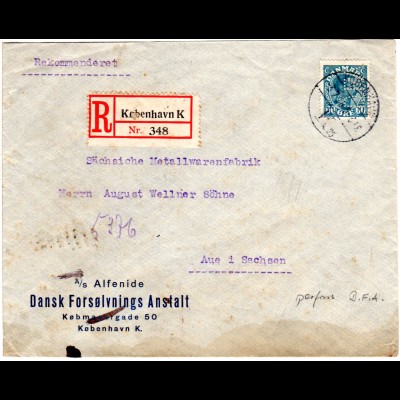 Dänemark 1926, EF 60 öre m. perfin auf Reko-Brief v. Kopenhagen n. Deutschland.