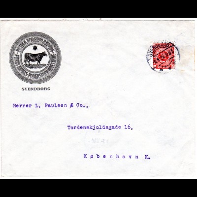 Dänemark 1926, 20 öre auf illustriertem Brief m. Kuh v. Svendborg