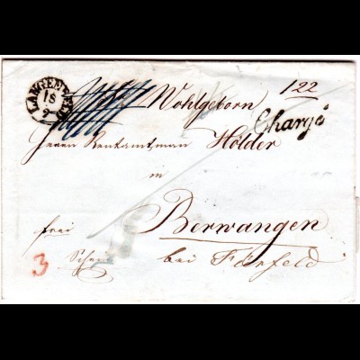 Bayern 1847, Fingerhut Stpl. LANGENFELD u. L1 Chargé auf Brief v. Obersteinbach.