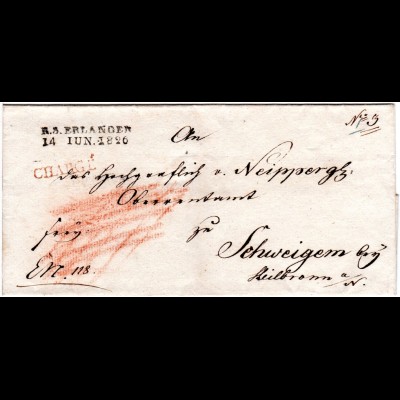Bayern 1826, L2 R.3. ERLANGEN u. roter L1 CHARGÉ klar auf Brief n. Württemberg.