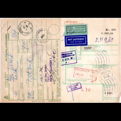 BRD 1972, Luftpost Paketkarte v. PINEBERG m. Schweden Porto-Etikett 