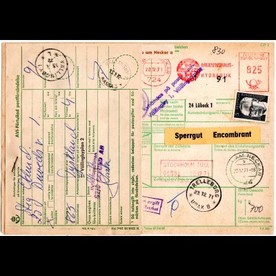 BRD 1971, Luftpost Paketkarte v. HORB AM NECKAR m. Schweden Porto-Etikett 