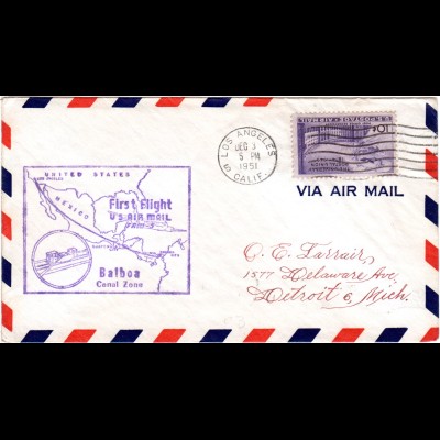 USA 1951, 10 C. auf Erstflug Brief Los Angeles-Balboa Canal Zone