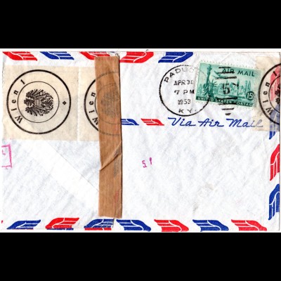Österreich 1953, beschädigt eingangener USA Brief m. Wien Veschluss Etiketten