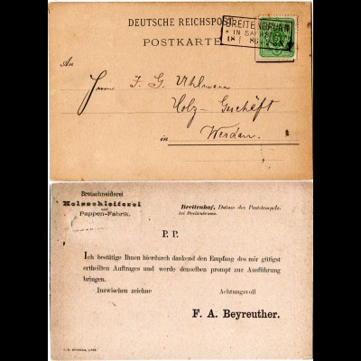 DR 1886, R3 BREITENBRUNN IN SACHSEN klar auf Firmenkarte m. 3 Pf.