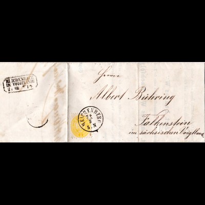 Österreich 1867, 2 Kr auf kpl. Drucksache v. REICHENBERG n. Falkenstein, Sachsen