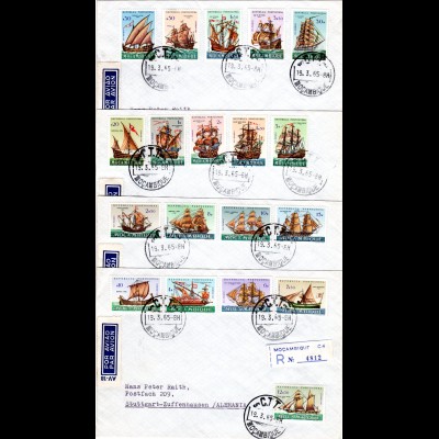 Mocambique 1965, 20 Werte Segelschiffe kpl. Ausgabe auf 4 Luftpost Reko Briefen