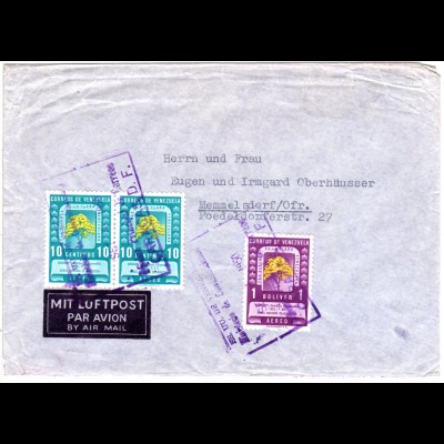 Venezuela 1950, 1 Bol.+2x10 C. Forstwoche auf Luftpost Brief n. Deutschland