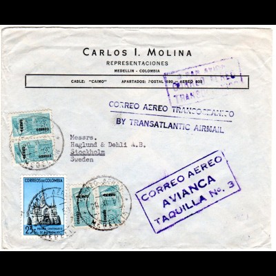 Kolumbien 1953, 5 Marken auf Firmen Brief m. Luftpost-Leitstempel n. Schweden