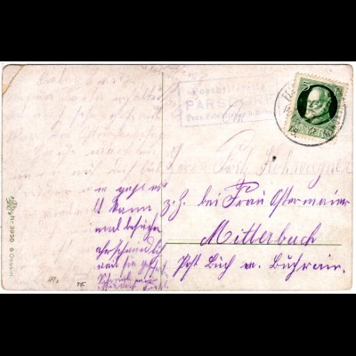 Bayern 1915, Posthilfstelle PARSDORF Taxe Feldkirchen auf AK m. 5 Pf.
