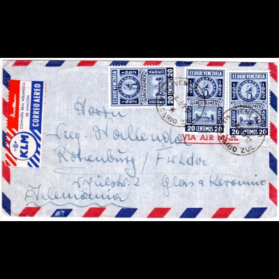 Venezuela 1952, 3x20 C. auf Luftpost Brief m. KLM CORREO AEREO Luftpostetikett