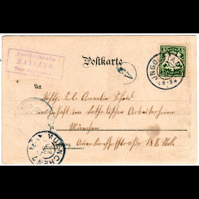 Bayern 1906, Posthilfstelle STAMMHAM Taxe Marktl (Type 1) auf Karte m. 5 Pf.