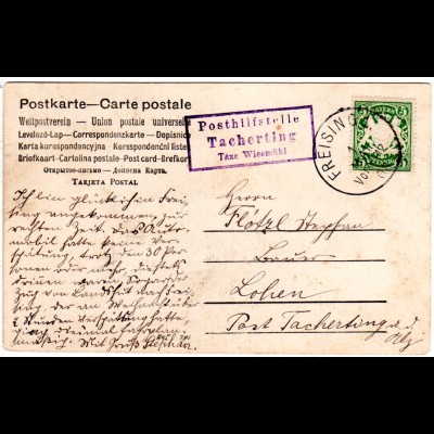 Bayern 1908, Posthilfstelle TACHERTING Taxe Wiesmühl, Ank.Stpl. auf AK m. 5 Pf.