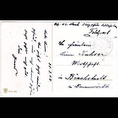 Bayern 1917, Reservestempel SCHLEISSHEIM R klar auf Feldpost-Karte.