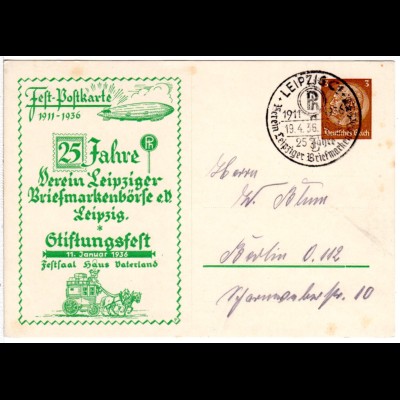 DR 1936, gebr. 3 Pf. Privat-Ganzsache Stiftungsfest Leipzig m. Abb. Zeppelin.