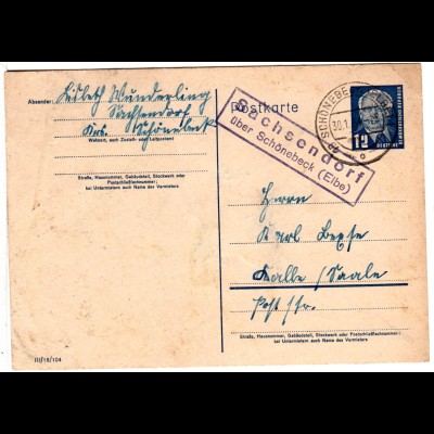 DDR 1954, Landpost Stpl. SACHSENDORF über Schönebeck auf 12 Pf. Ganzsache
