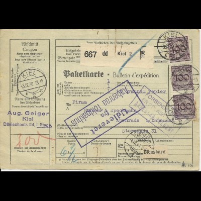 DR 1930, MeF 3x100 Pf. auf Paketkarte v. Kiel n. Dänemark. #1127